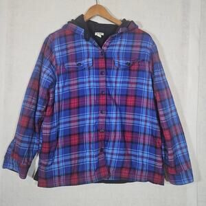 L.L Bean Women's Fleece-Lined Flannel Hoodie Red and Blue Plaid